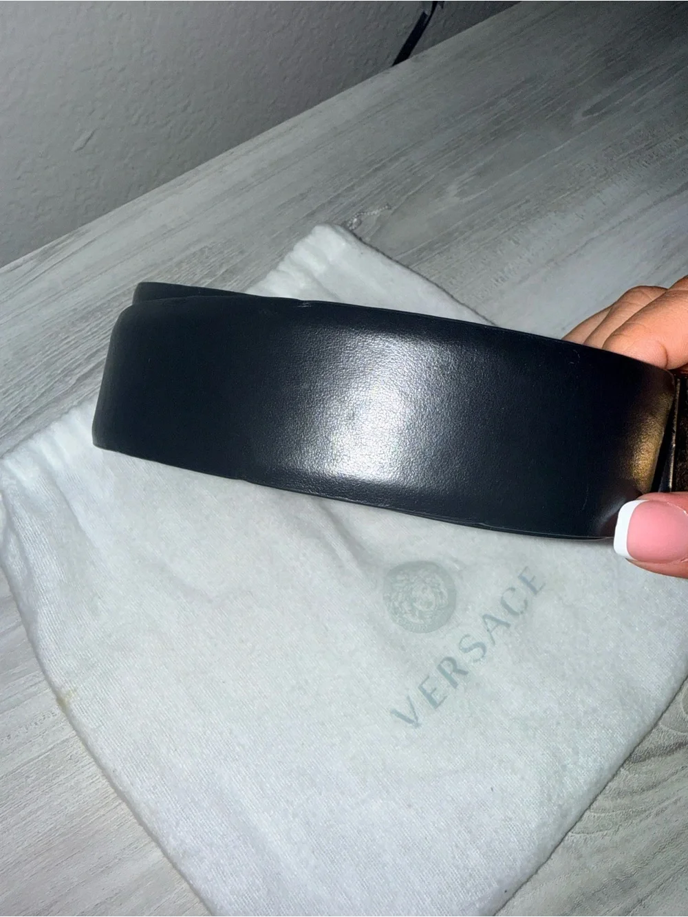 Versace Black Leather Belt with Gold Medusa Round Buckle